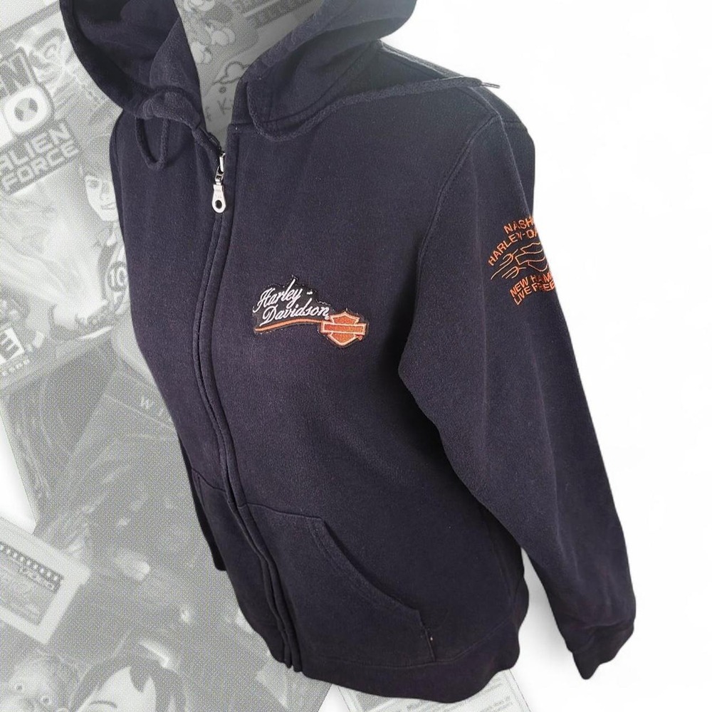 Vintage Y2K Black Orange Harley Davidson Graphic Zip Up Hoodie